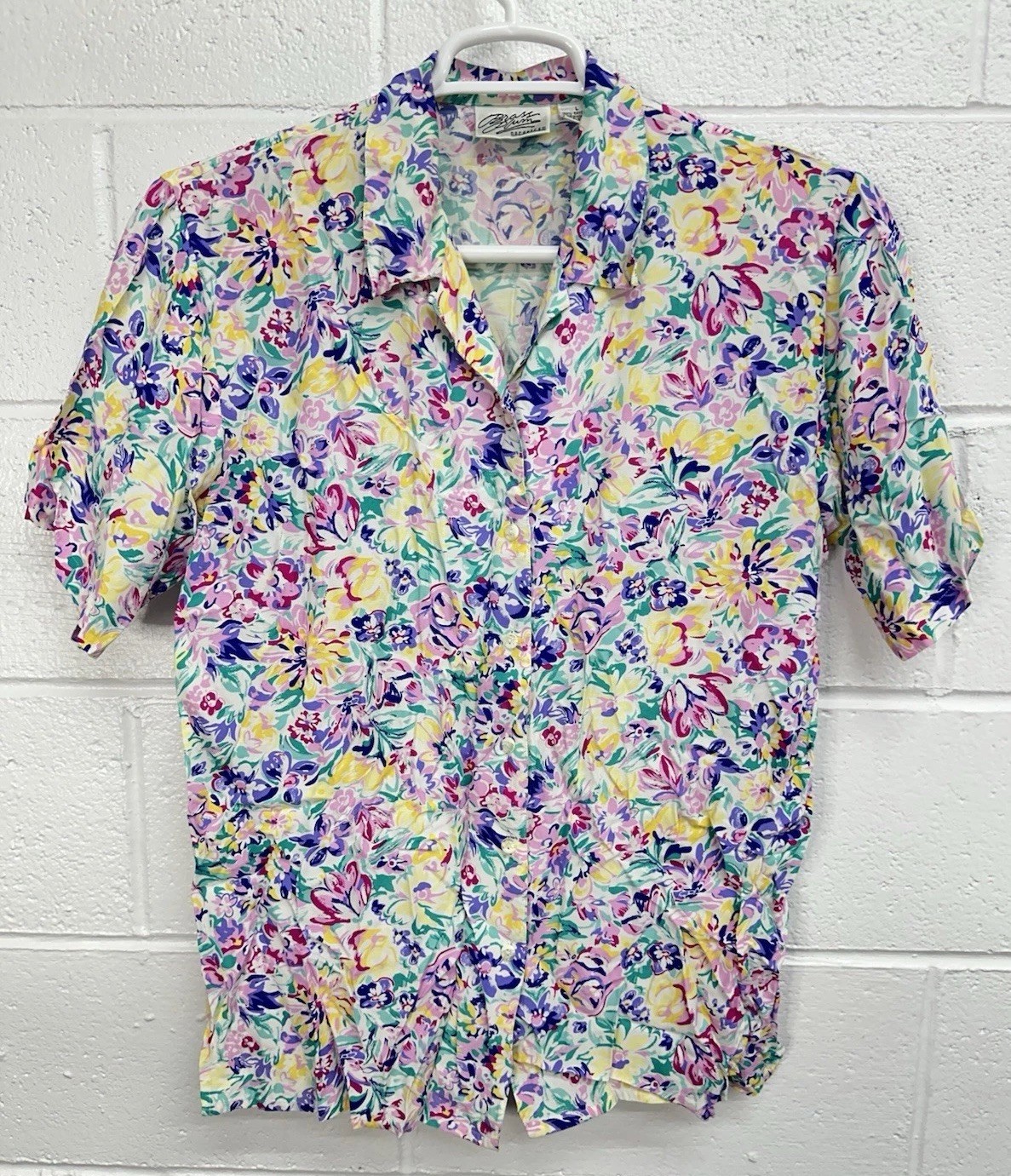 VTG 90’s Nordstrom BRASS PLUM Bright Floral Button Up Blouse Women’s Large Rayon