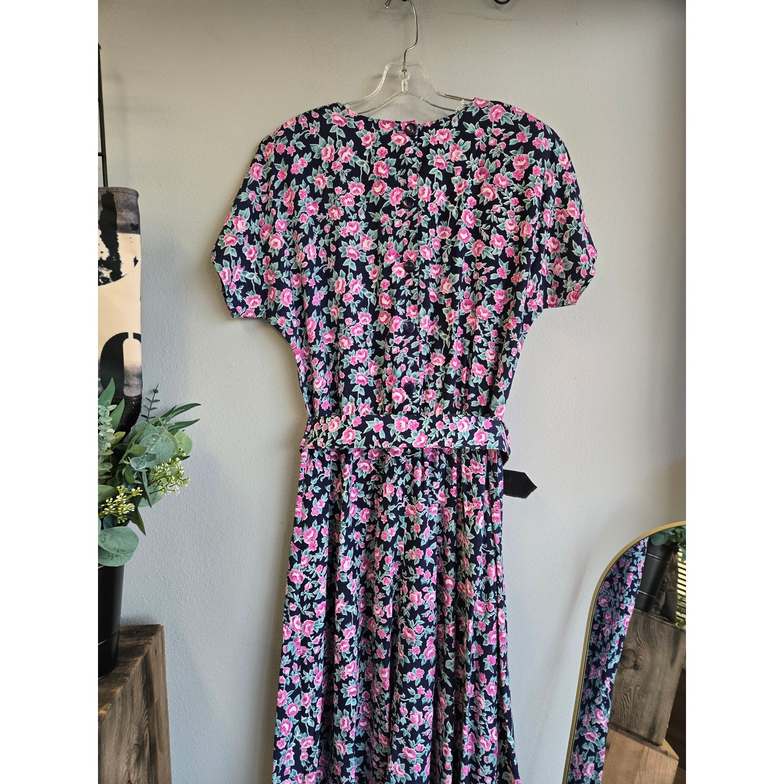 Paquette Too! Floral Vintage 90s Rayon Belted Midi Dress Pink Navy Size 12