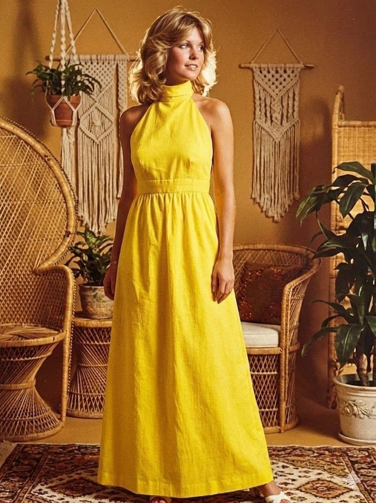 Vintage 70s Yellow Halter Maxi Dress Mod Hippie Boho Disco Sunshine Party S M