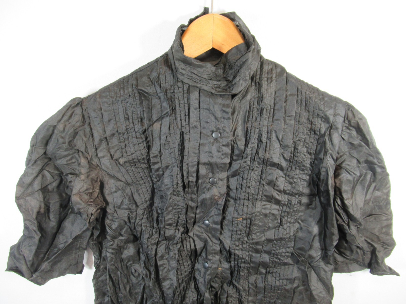 Antique 1800s Victorian Pleated Silk Blouse High Neck Puff Sleeve Mourning