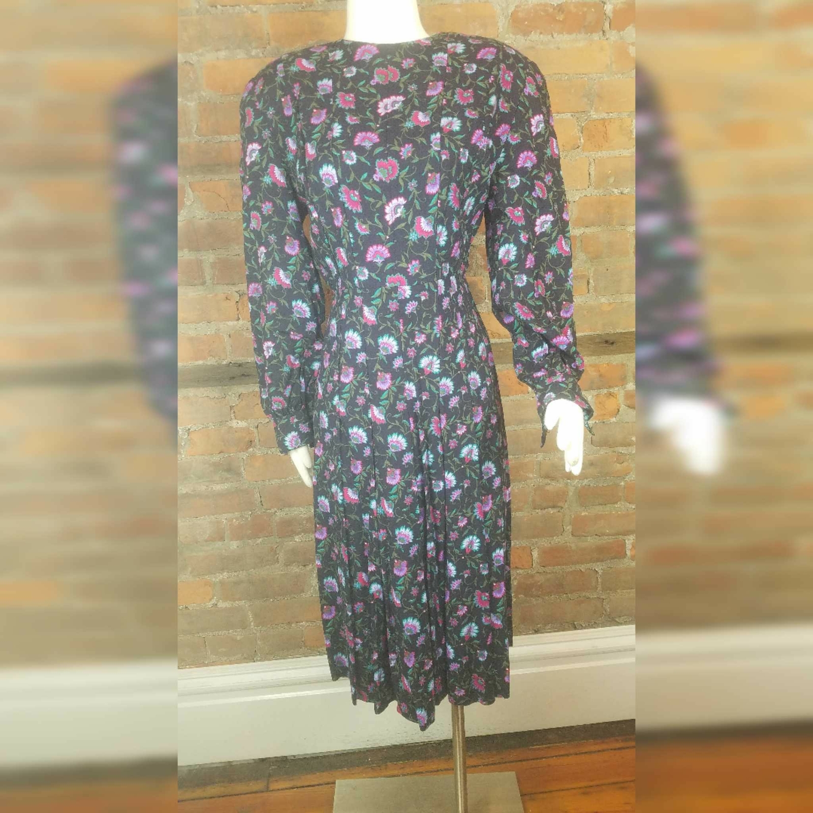 Vintage Dress Midi Black Floral Red Green Lilac Print Long Sleeves Sz M