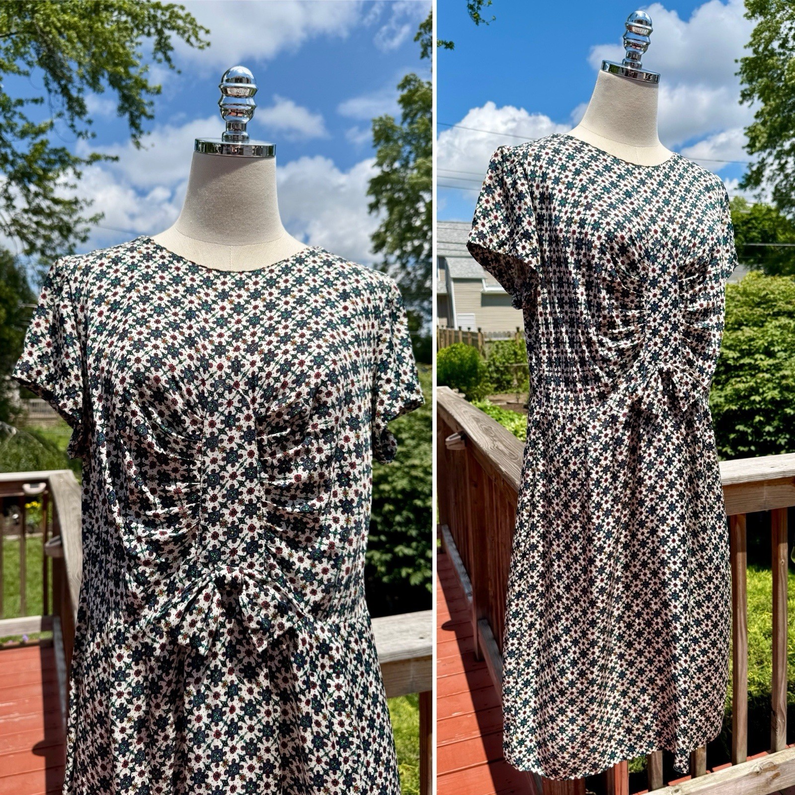 Vintage 50s Novelty Floral Print Plus Size Dress with Ruched Bow Detail