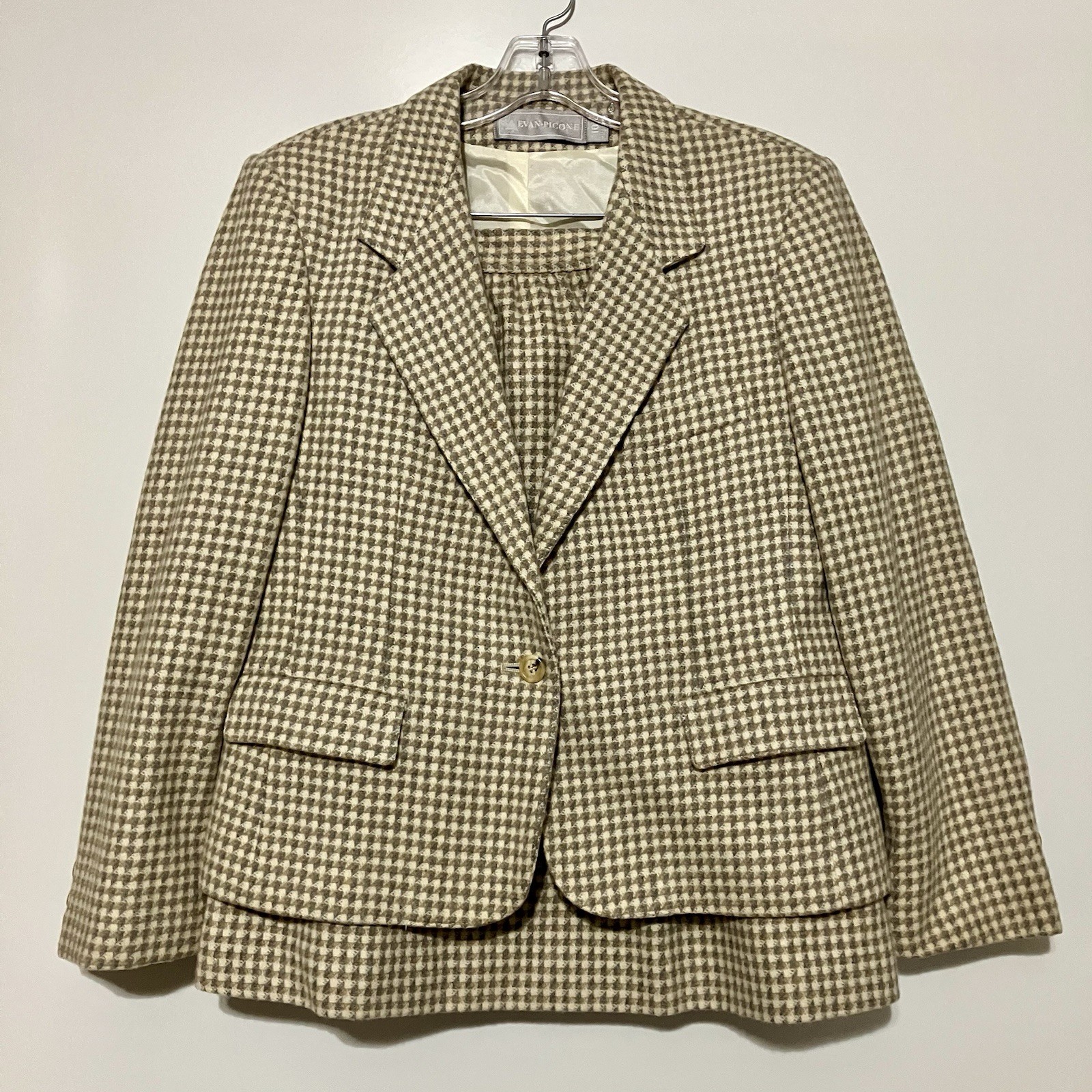 Evan Picone Wmn’s 2 Pc Skirt Suit Size 10/12 Brown Houndstooth Wool Preppy 1980s