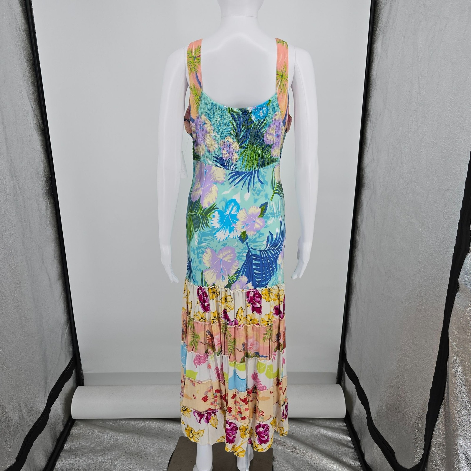 Vintage 1990s Globe Trotter Bali Patchwork Rayon Tropical Maxi Sundress (M)