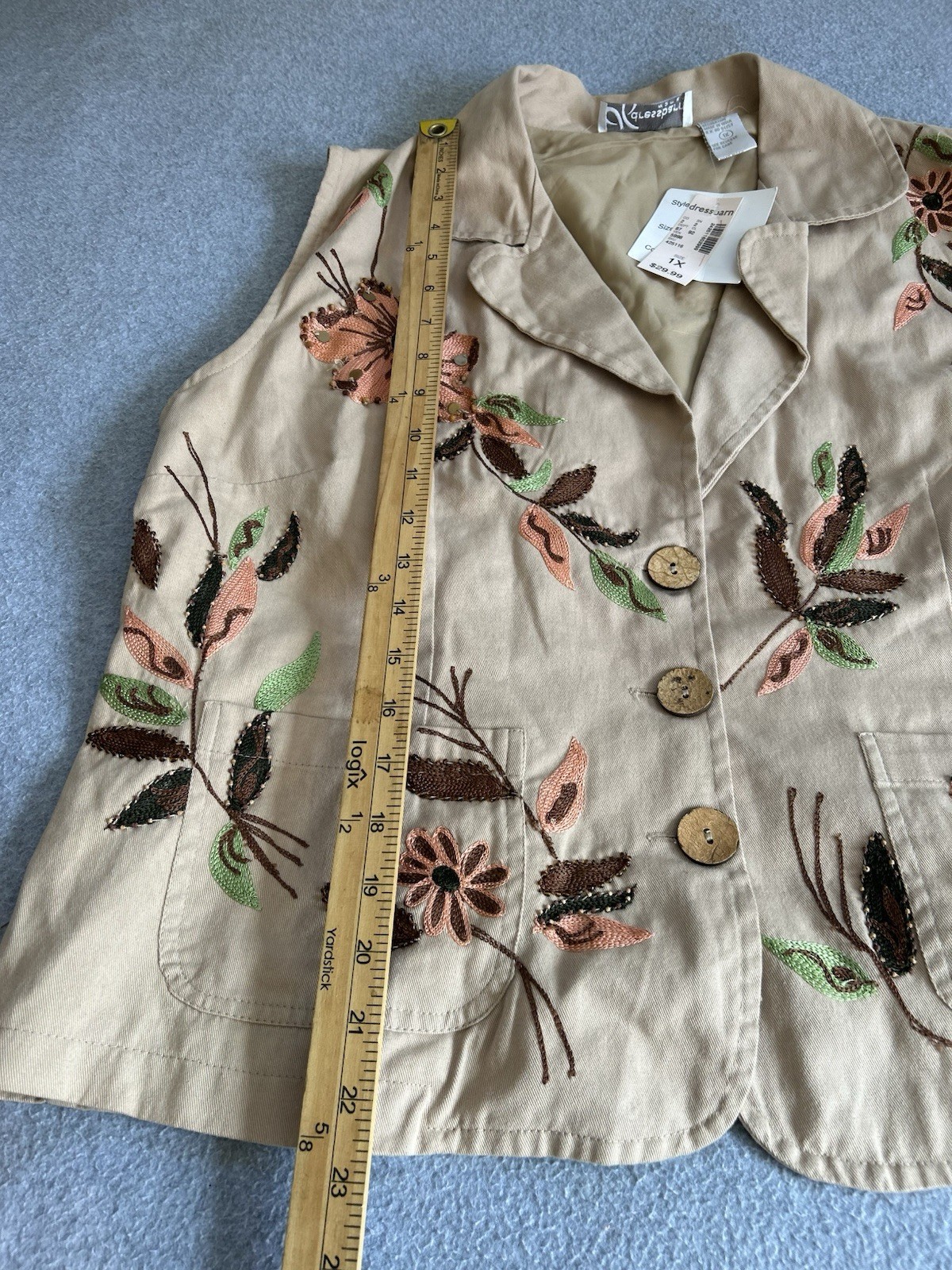 Dress Barn vintage-style tan vest With embroidered floral patterns, bohemian, 1X