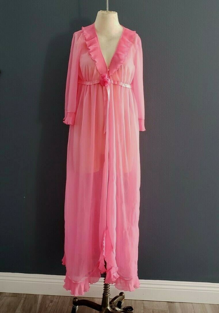 vtg 60’s 70’s EVETTE hot pink double layer chiffon peignor robe coverup sz S/M