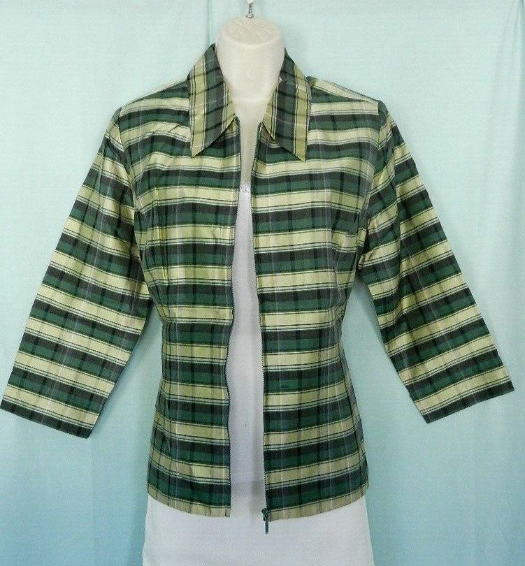 VTG. 2000s SILKLAND Raw Silk Green Plaid Lined 3/4 Sleeve Lightweight Jacket M