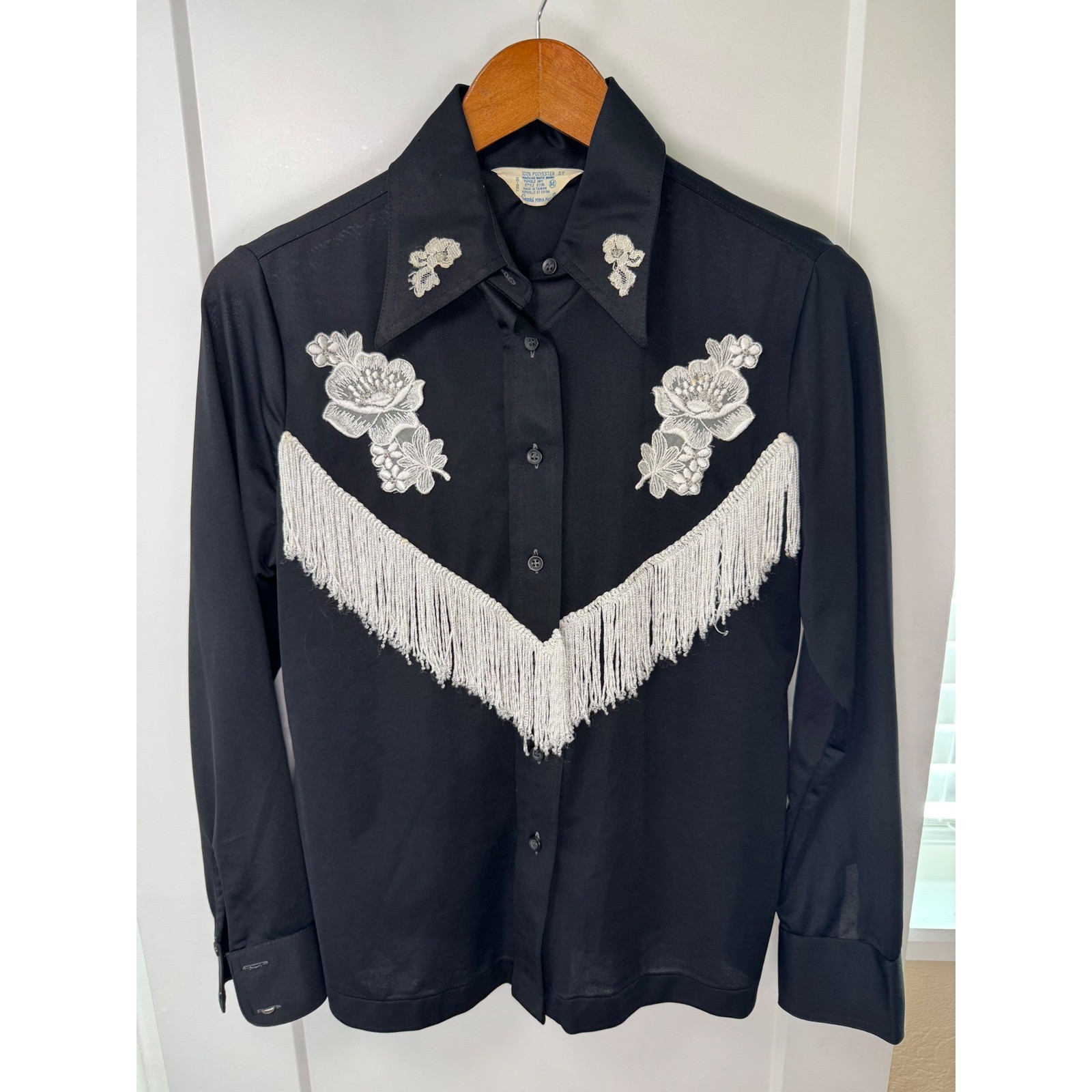 Vintage Sears Western Shirt Black Fringe Floral Lace Beaded Cowgirl Top Size 14