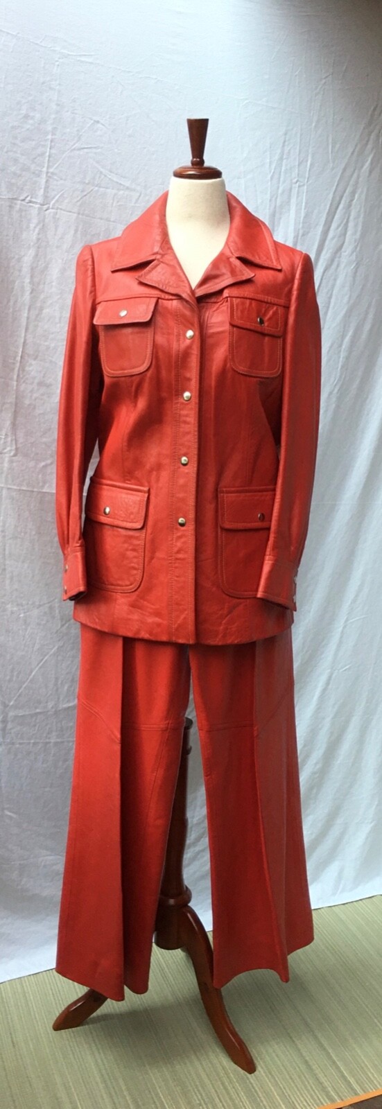 True Vintage 1970s Red Orange Leather Bell Bottom Suit Size 14 Jadoli of Israel