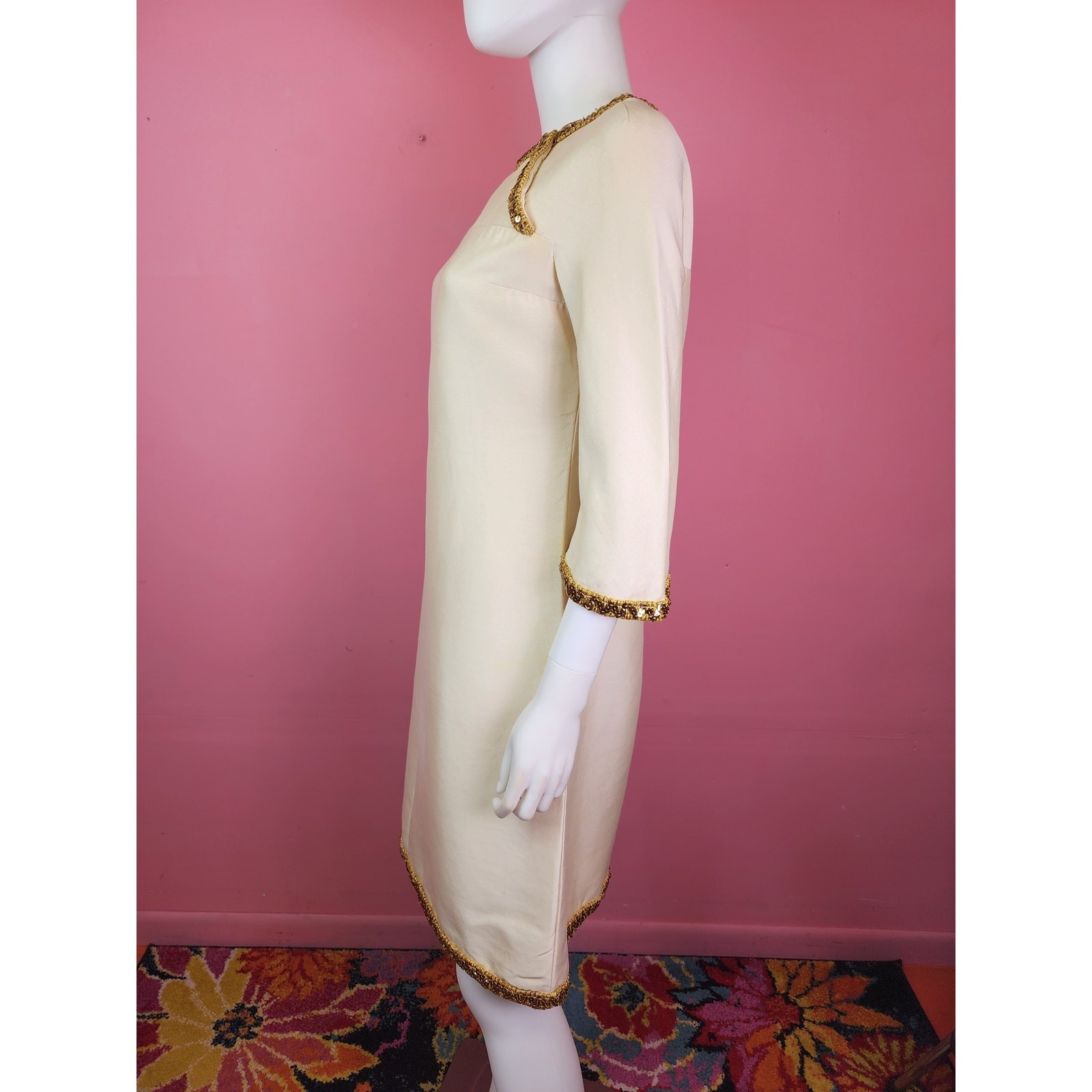 Vintage 1960’s Champagne Cream Gold Cord Trim Rhinestone Shift Dress I. Magnin