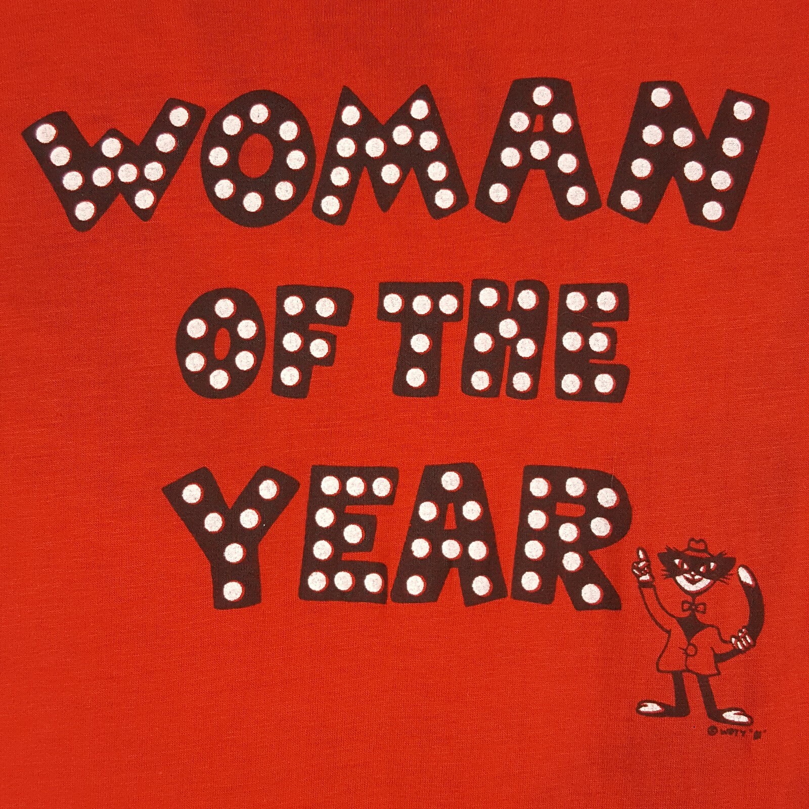 Vtg 80s Woman Of The Year T-Shirt M Red Cat Single Stitch 50/50 USA Ched Ladies