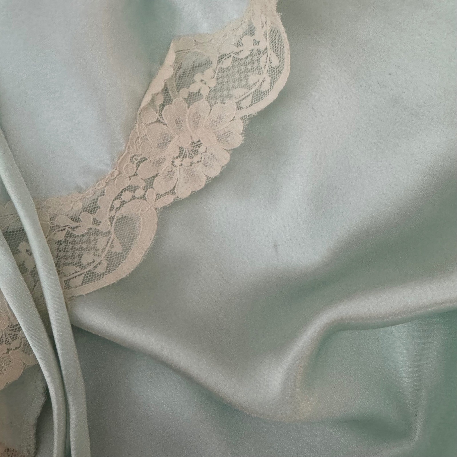 Vintage 80s Sabrina by Mervyn’s Mint Green Satin Lace Ruffle Nightgown Coquette
