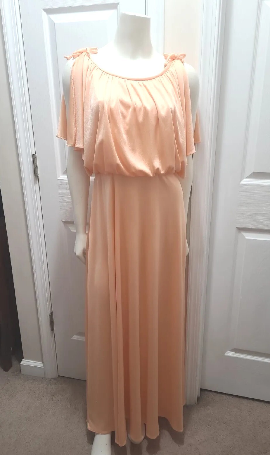 Vintage 70s Grecian Maxi Dress Womens 11/12 Draped Apricot Peach Cottage EASTER