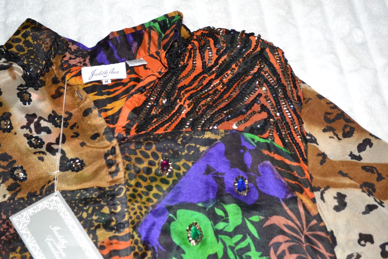 Judith Ann Rare Vintage Silk Button Down NWT – Sequin Embellished Hi-Lo Blouse M