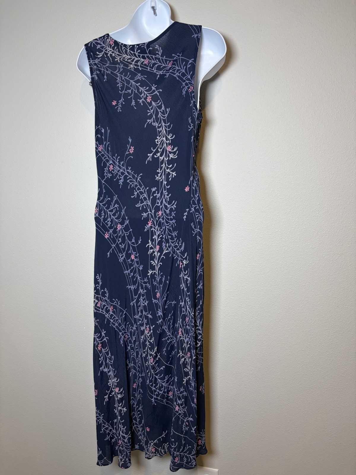 Vtg 90s Nostalgia Navy Blue Midi Slip Dress~L~Rayon Crepe Bias Cut Grunge Femme