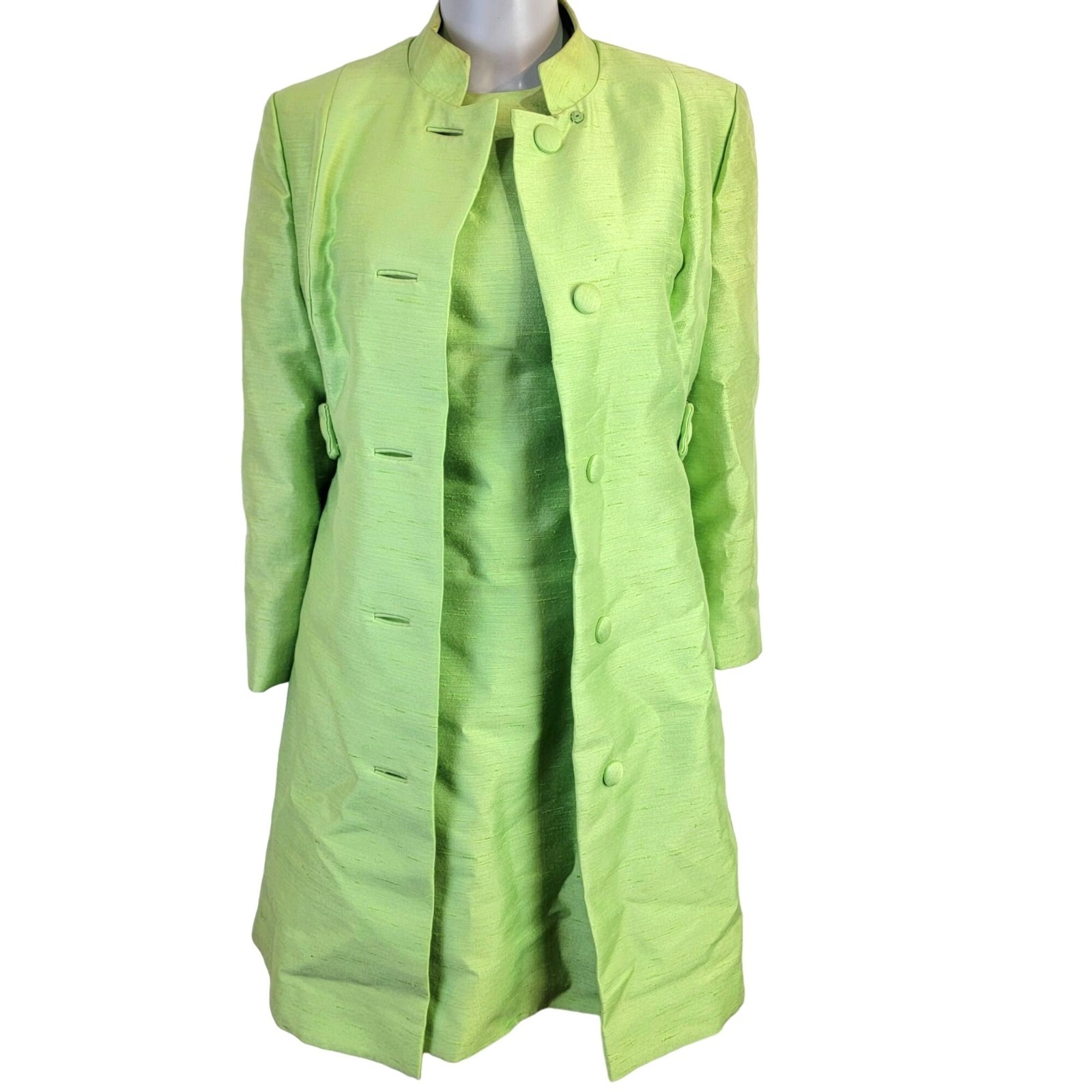 Vintage 60s Mod Silk Set Women 10 Medium Green Peacoat Jacket Knee Length Dress