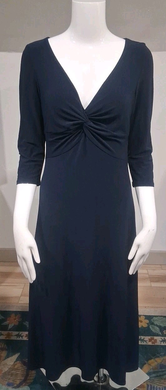 Vtg 80s Joseph Ribkoff Dress Size 8 3/4 Sleeve V Neck Navy Blue Stretch Slinky