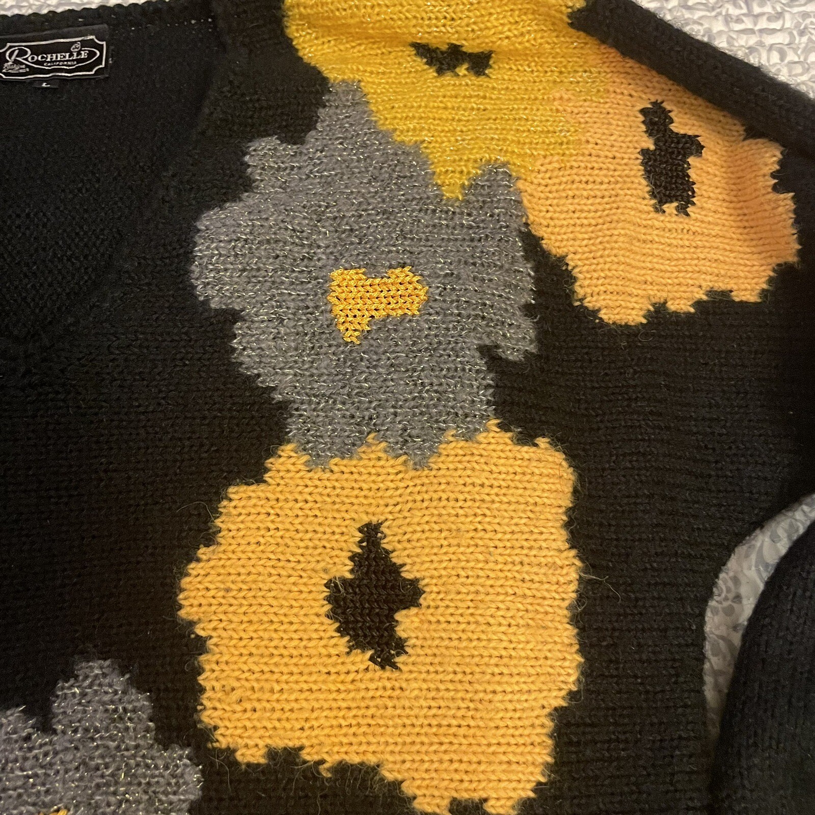Vtg Rochelle California Black Floral V-Neck Sweater Size Large 80s