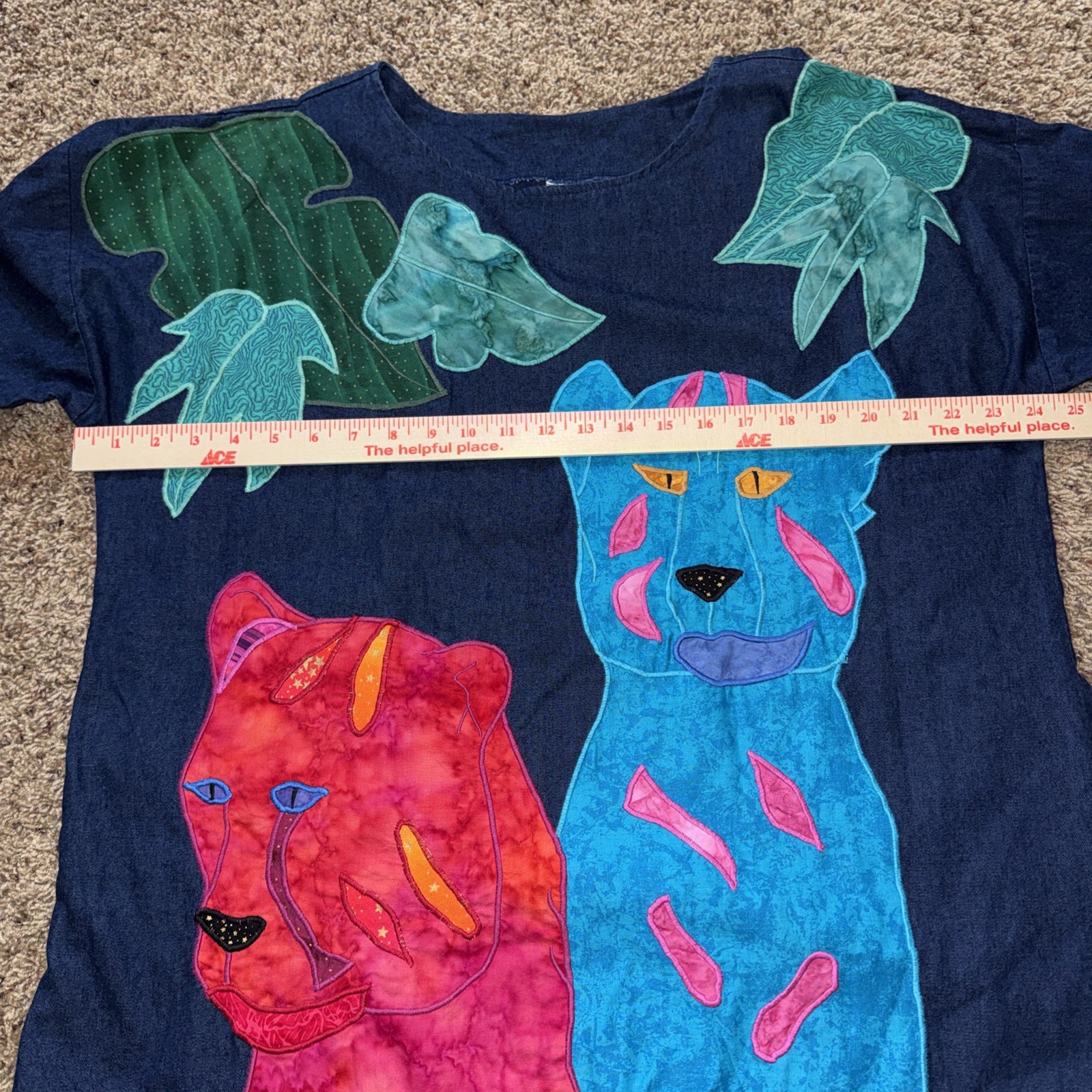 Alfredo’s Wife Vintage Denim Tunic Shirt Sz Small Colorful Leopards Folk Art