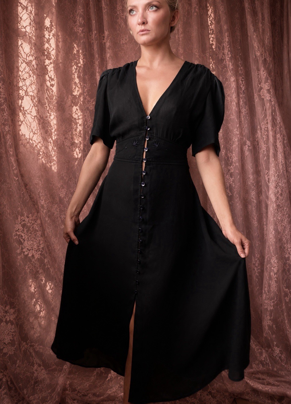 1990s dark blue chiffon 1940s style dress