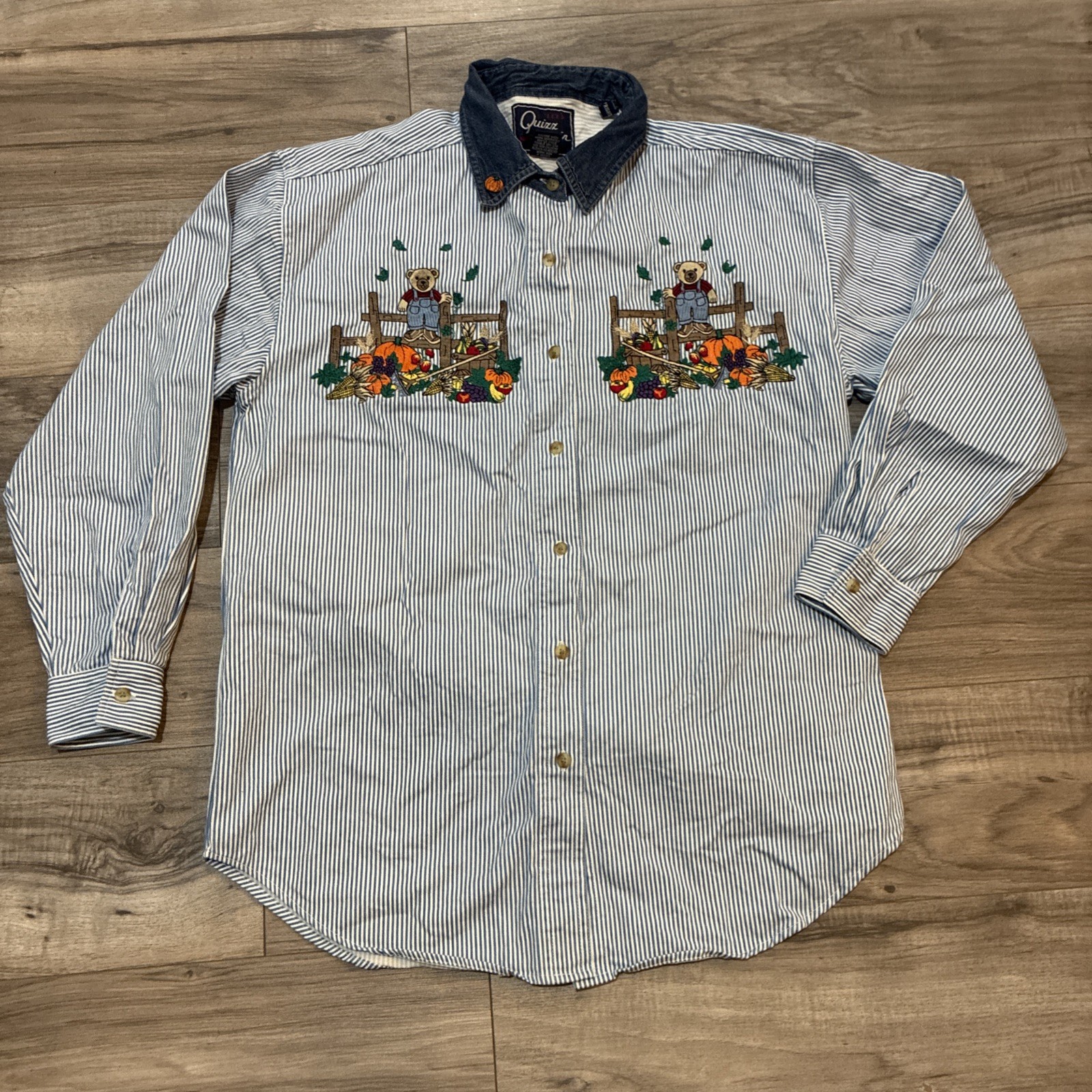 Let’s Quizz Again Striped TeddyBear Fall Embroidered Denim Collar Sz S Shirt