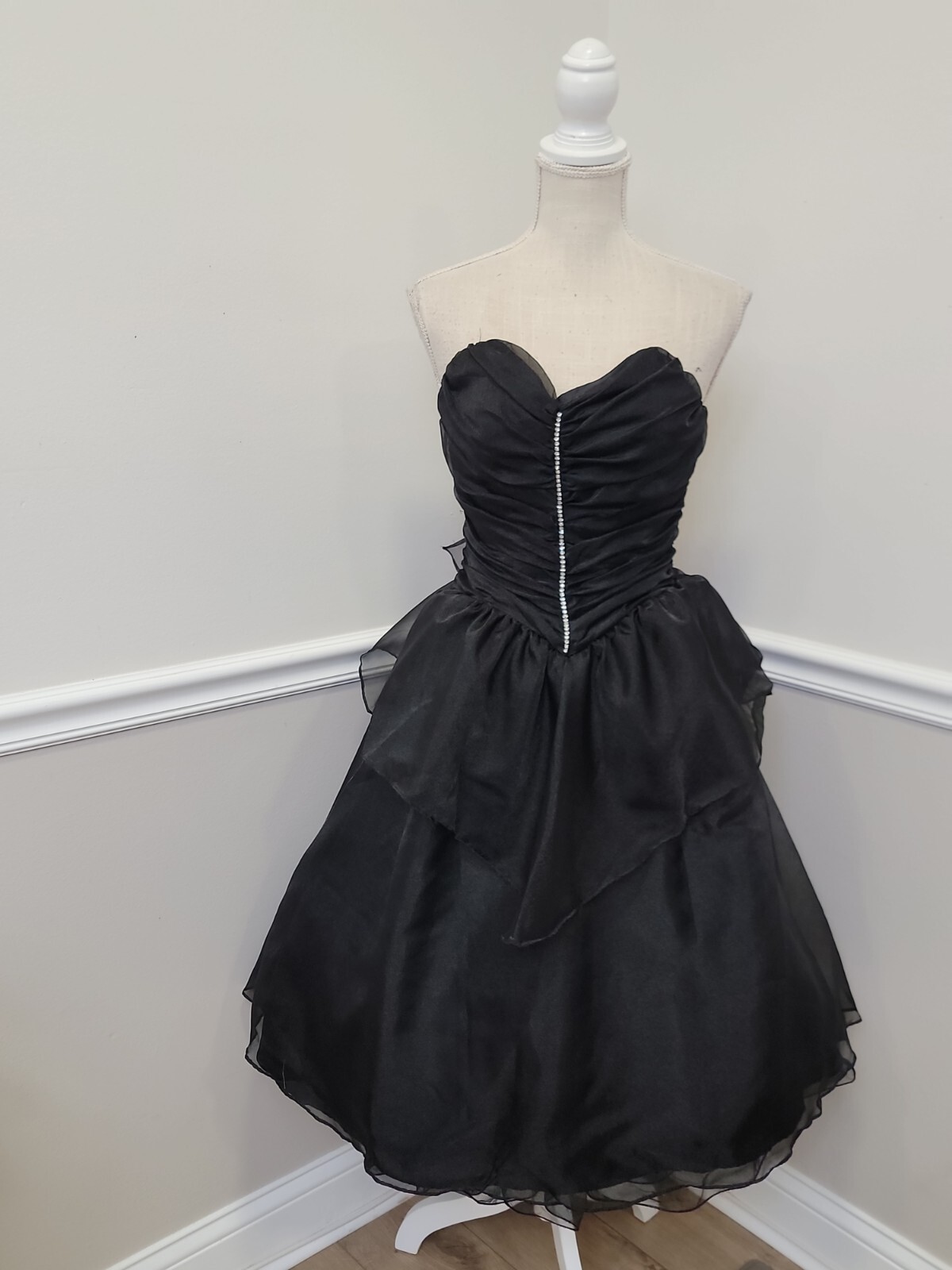 VNTG’80 Jolie Madame Womens Strapless Cocktail Dress Black Lace Rhinestones 5/6