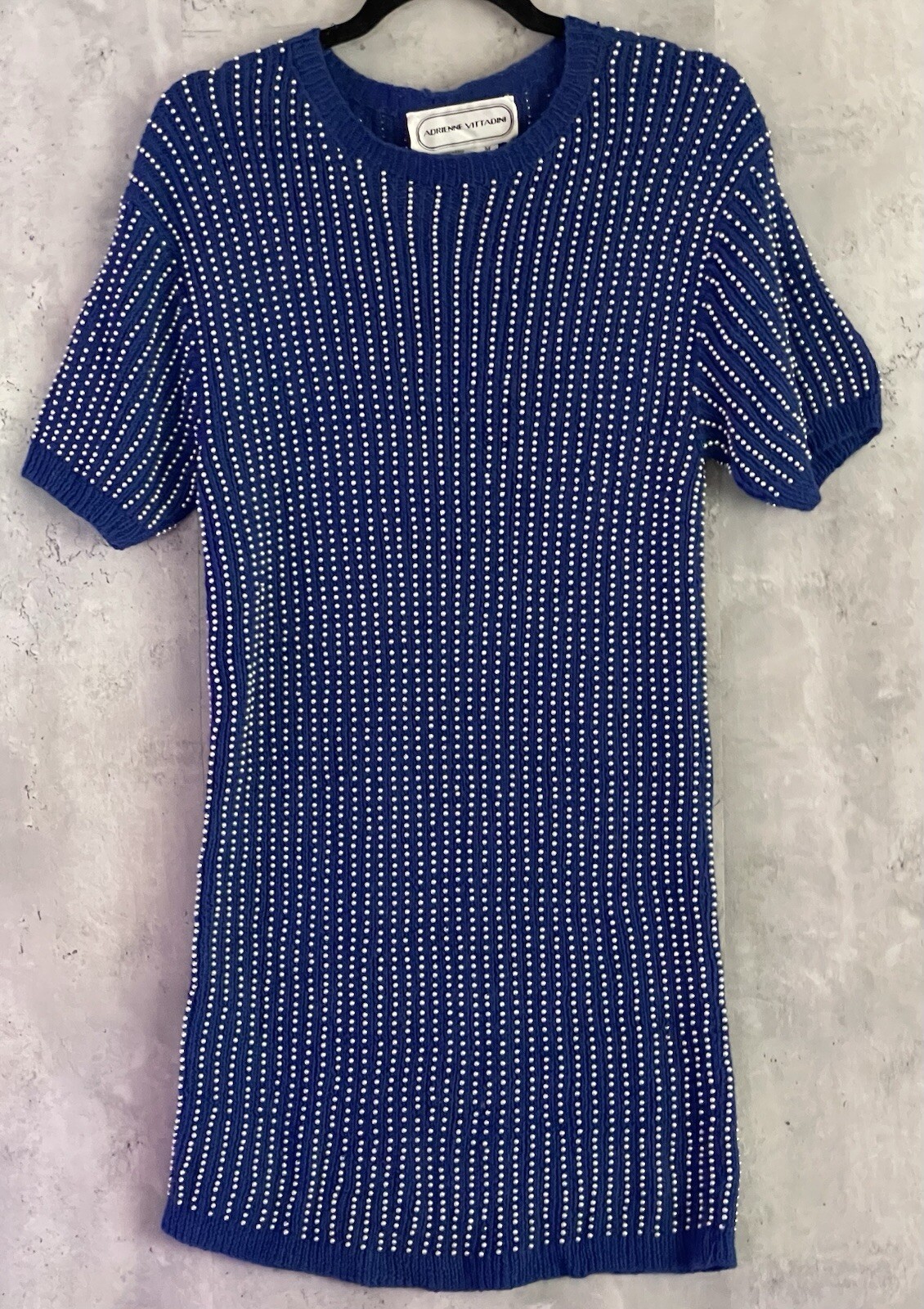 VTG Adrienne Vittadini Mini Sweater Dress Covered Embellished Pearls Sz Med