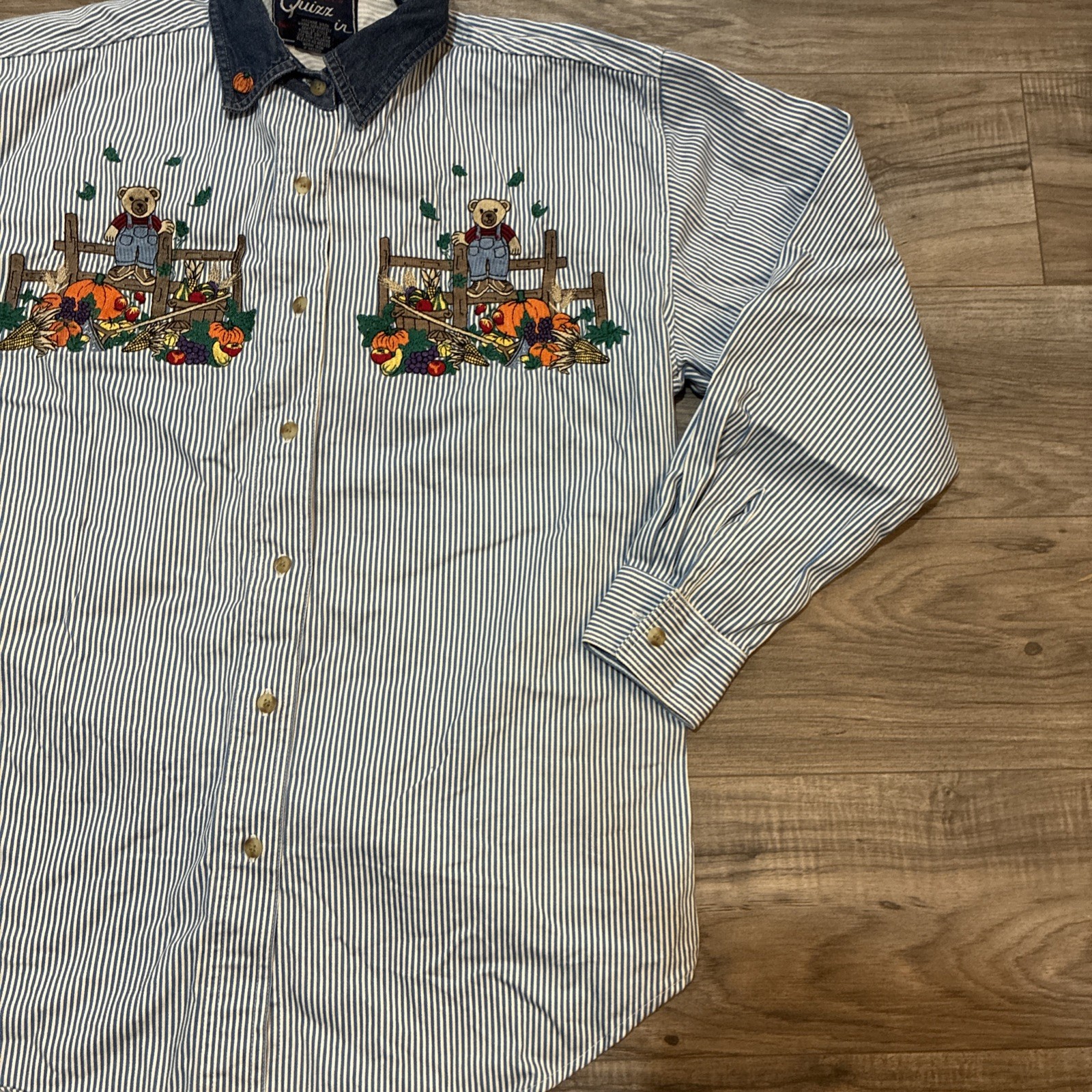 Let’s Quizz Again Striped TeddyBear Fall Embroidered Denim Collar Sz S Shirt