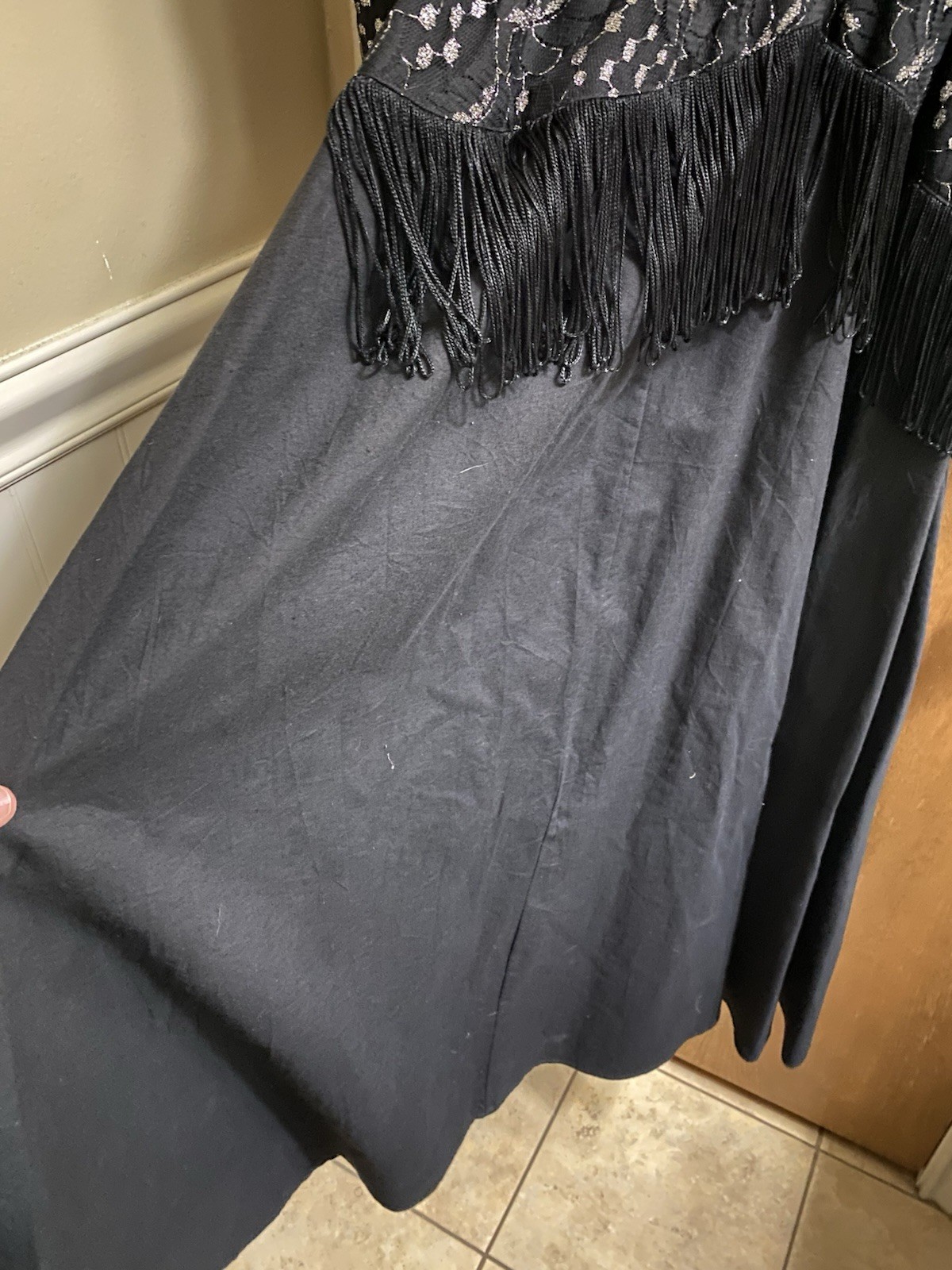 Vintage Lilia Smitty Western Dress Black Silver Fringe Size 11/12 Lace Rodeo