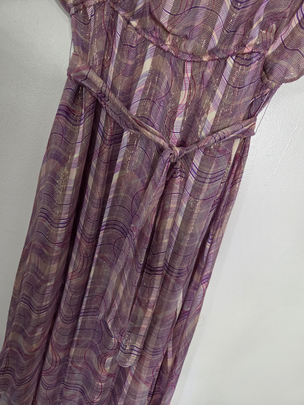 Vintage The Silk Farm Icinoo 100% Silk Metallic Gold Lurex Purple Dress 10