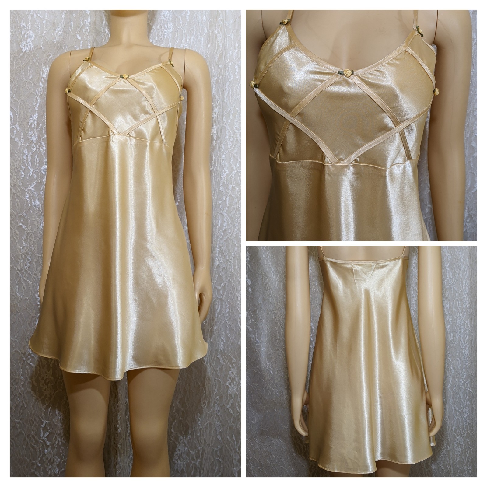 Vintage Liquid Satin Shiny Gold Satin Lingerie Babydoll Slip Nightie Nightgown L