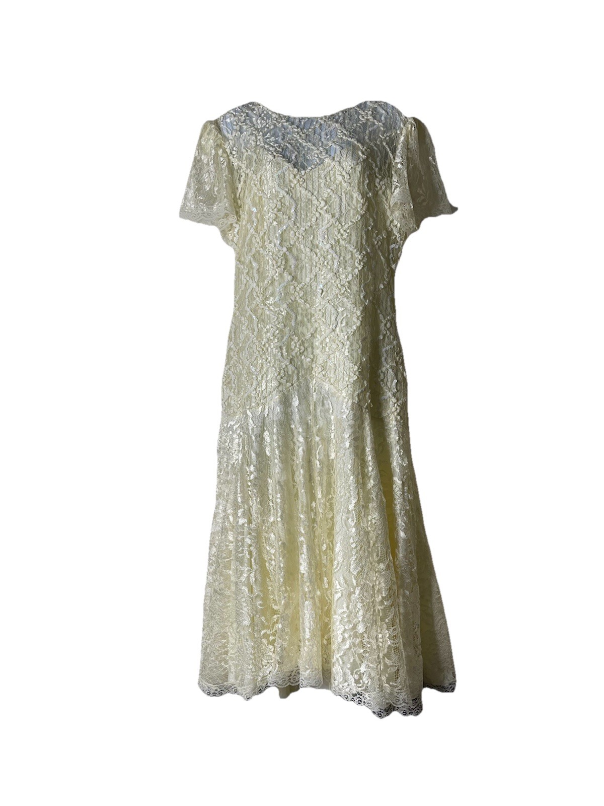 VTG 80s HW Collections Ivory Shiny Sequin Lace Drop Waist Ball Gown Wedding M-L