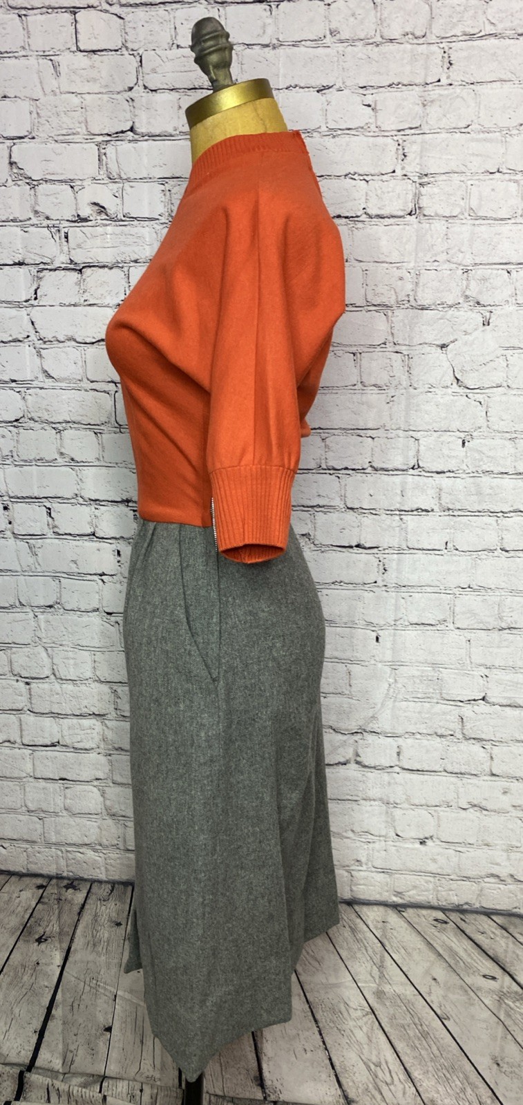 Vtg 60s Mod Marion McCoy Wool Orange Dress 3/4 Sleeve MIDI Pencil Secretary