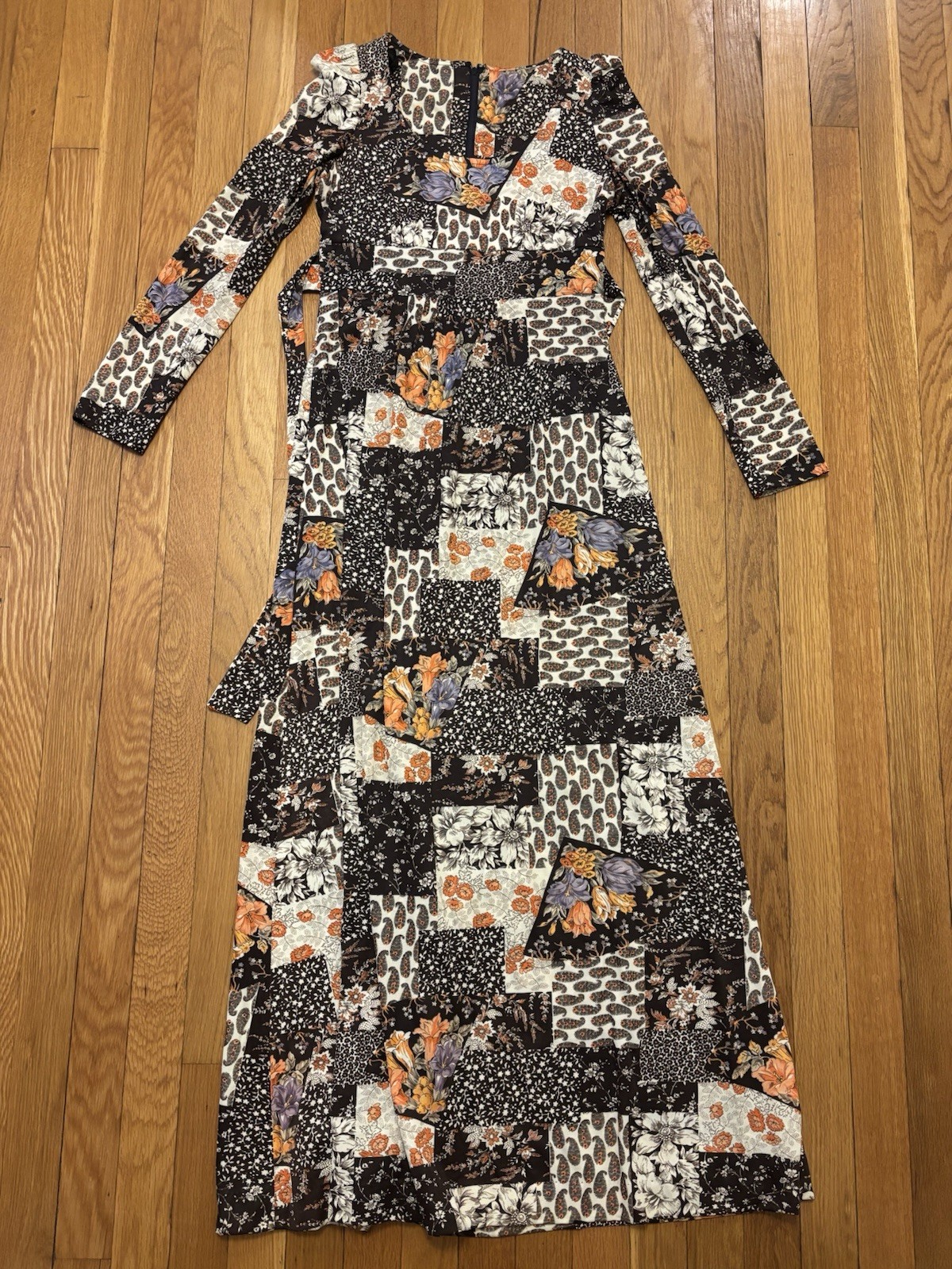 Vintage 70s Patchwork Boho Floral Empire Waist Maxi Dress Brown Long Sleeve S