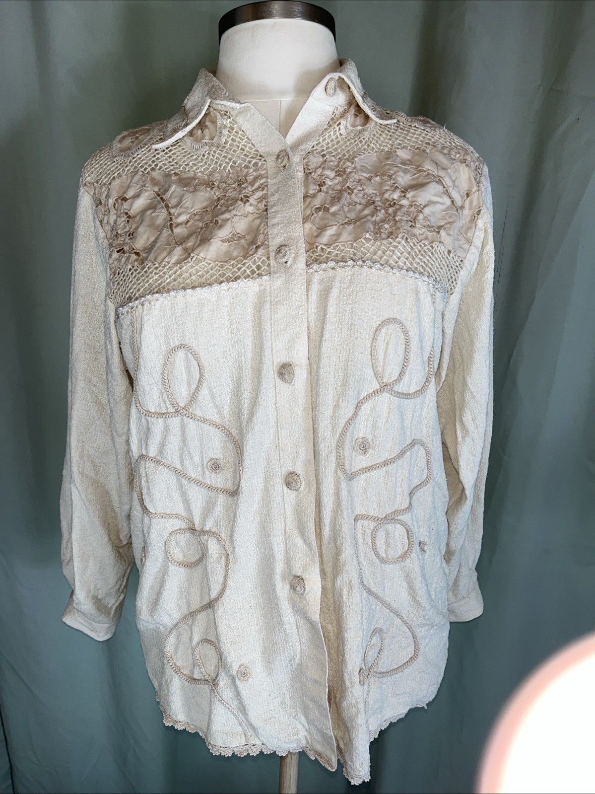 Vintage Lim’s Button Front Crochet Shirt Cream Silk