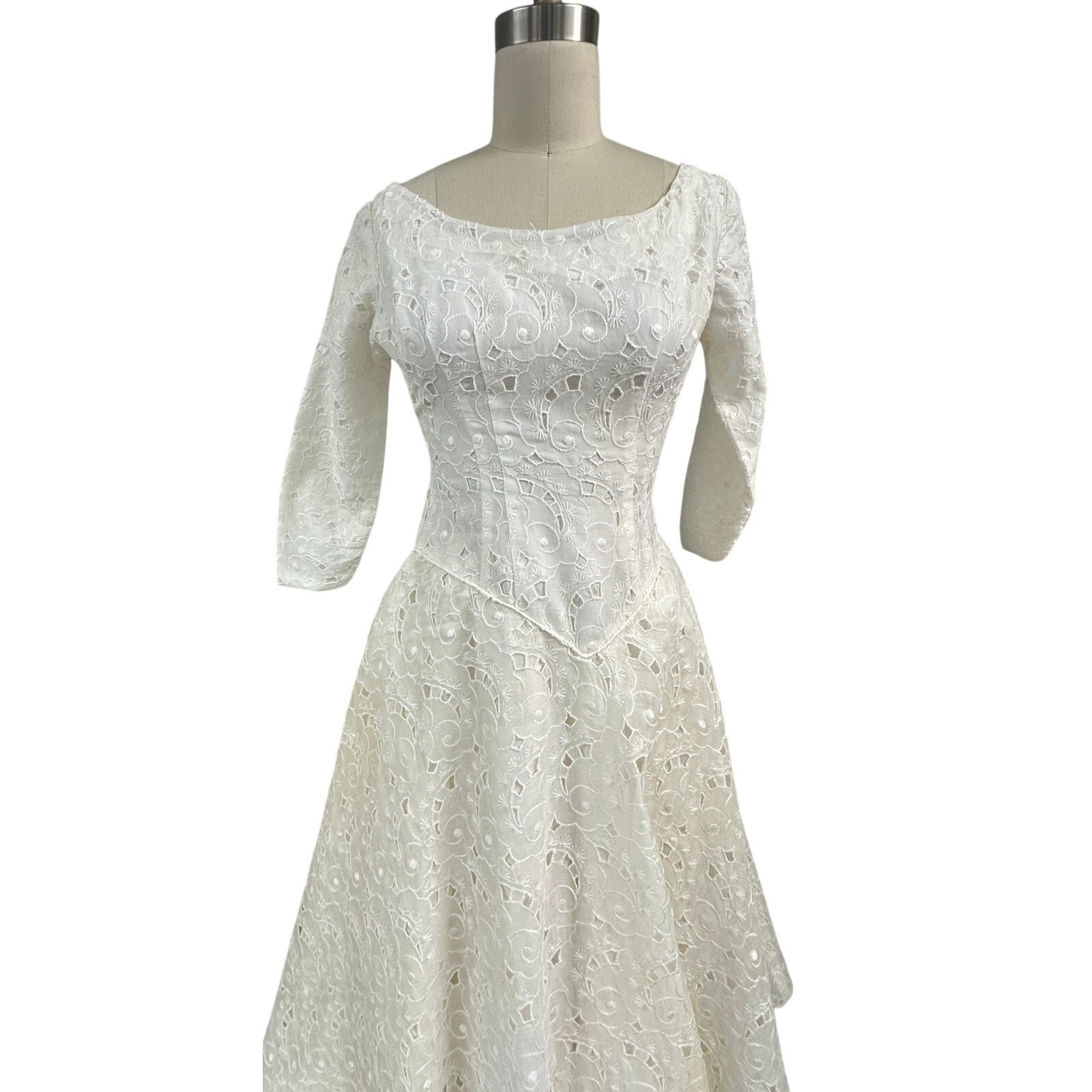 Vintage 1950s Creamy White Organdy Fit & Flare Dress Wedding Gown XS S