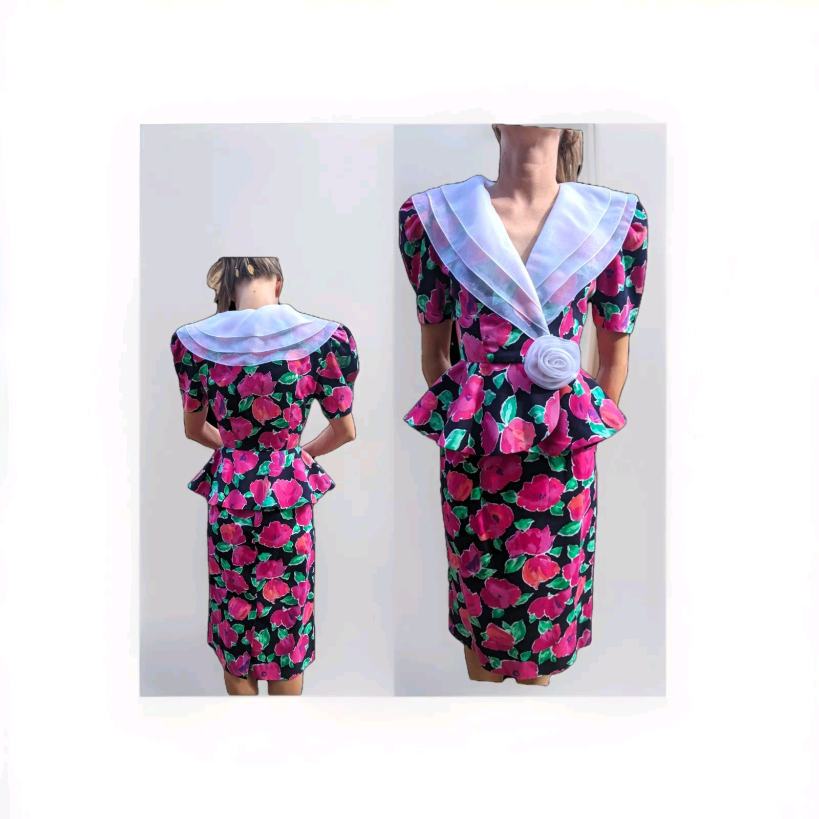 Vtg Leslie Fay 80s Peplum Jacket Top Chiffon Collar Rose Floral Easter Suit Sz 4
