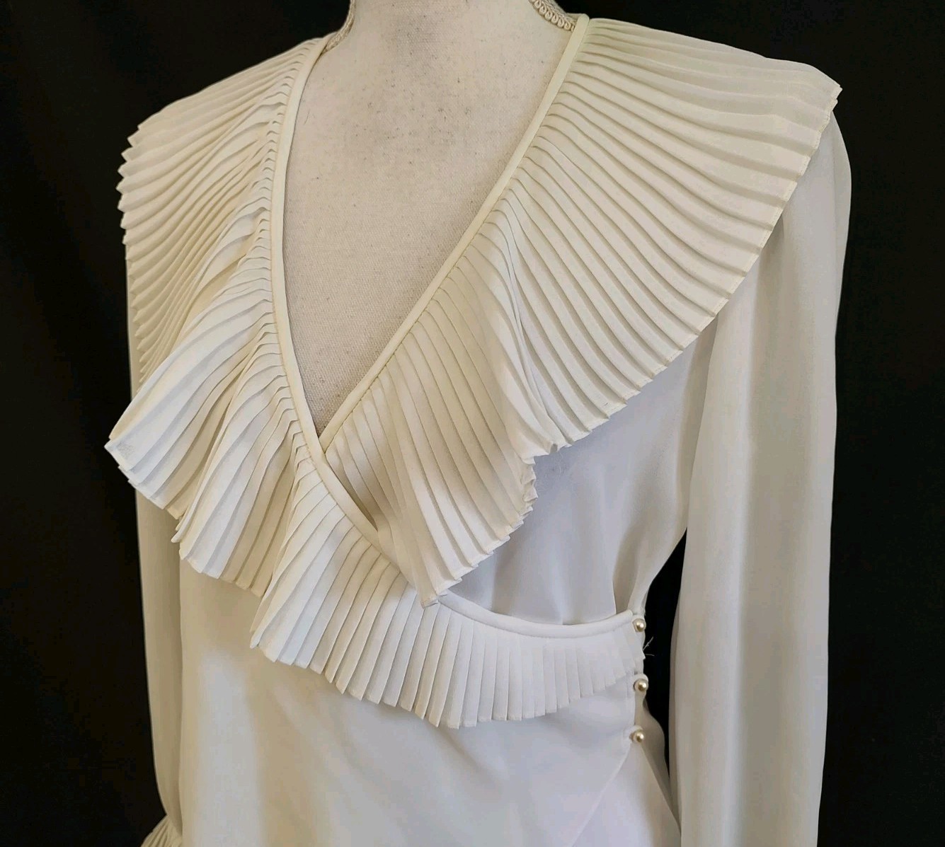 Vintage 70’s B Altman Top Wrap Blouse Sheer White Crepe Pleat Ruffle Poet Sz L