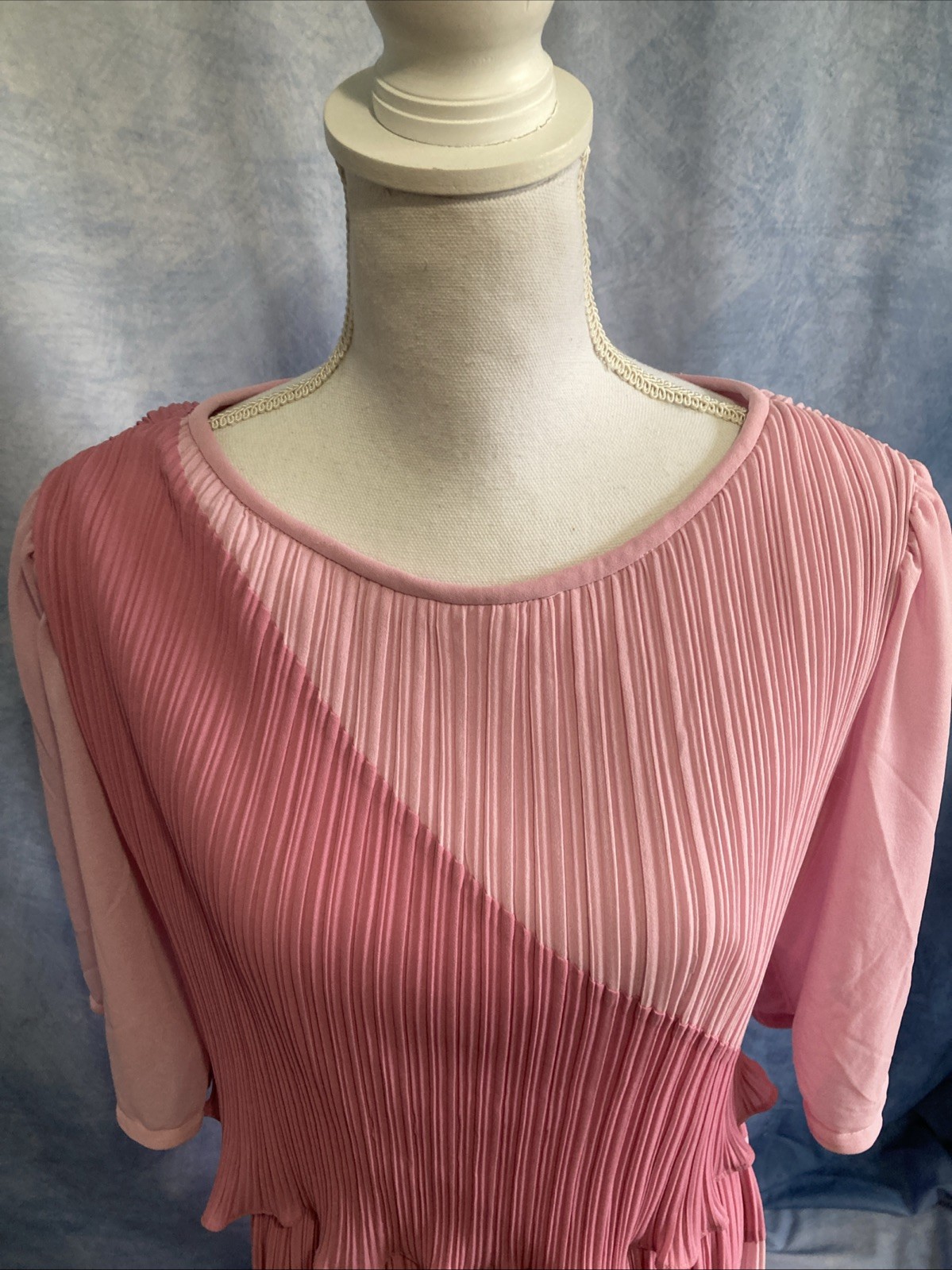 Vtg 70s Discovery Fashions Pleated Colorblock Dress Pink Plisse Disco Midi XS/S