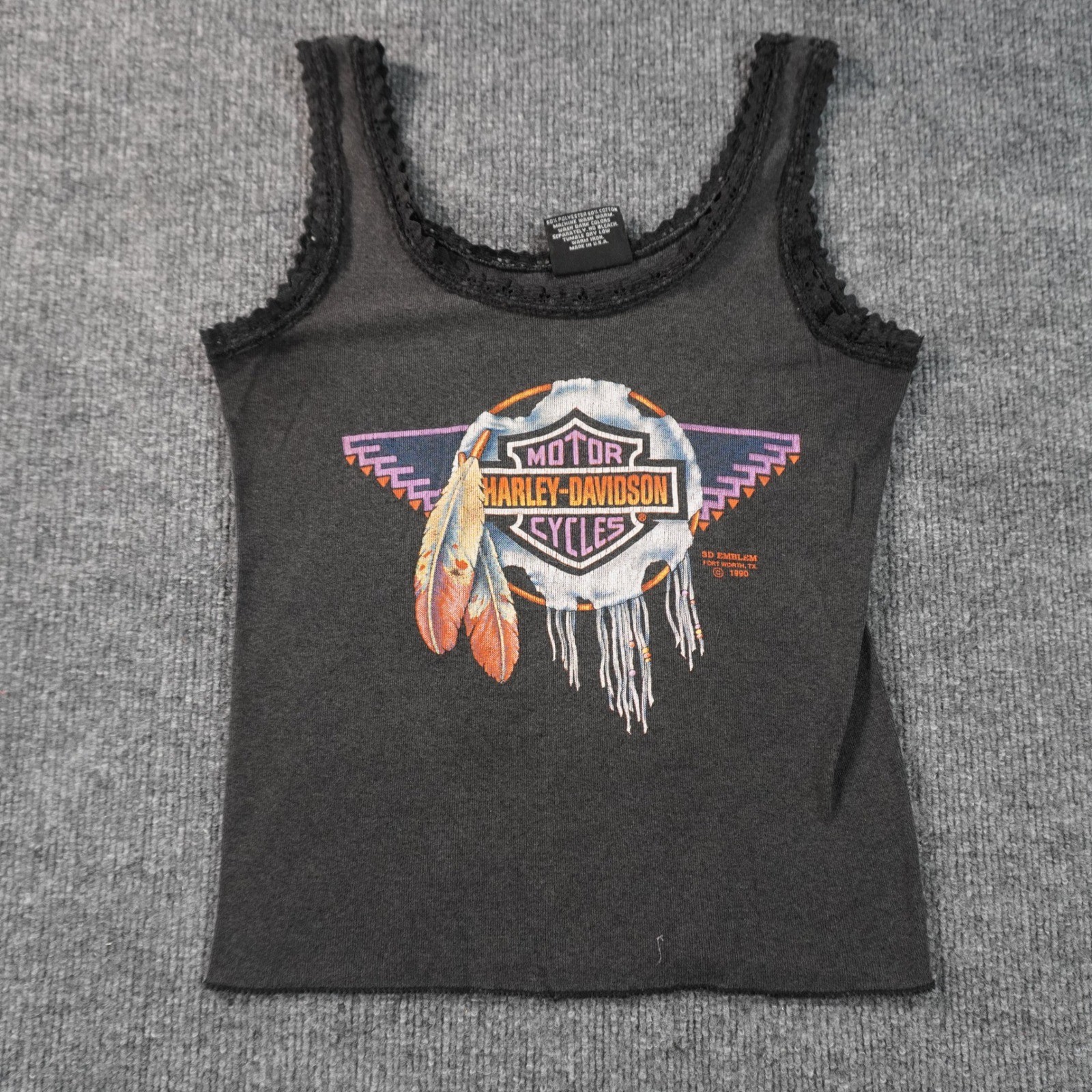 Harley-Davidson Tank Top Womens S Black 1990 3D Emblem Dreamcatcher Lace Trim