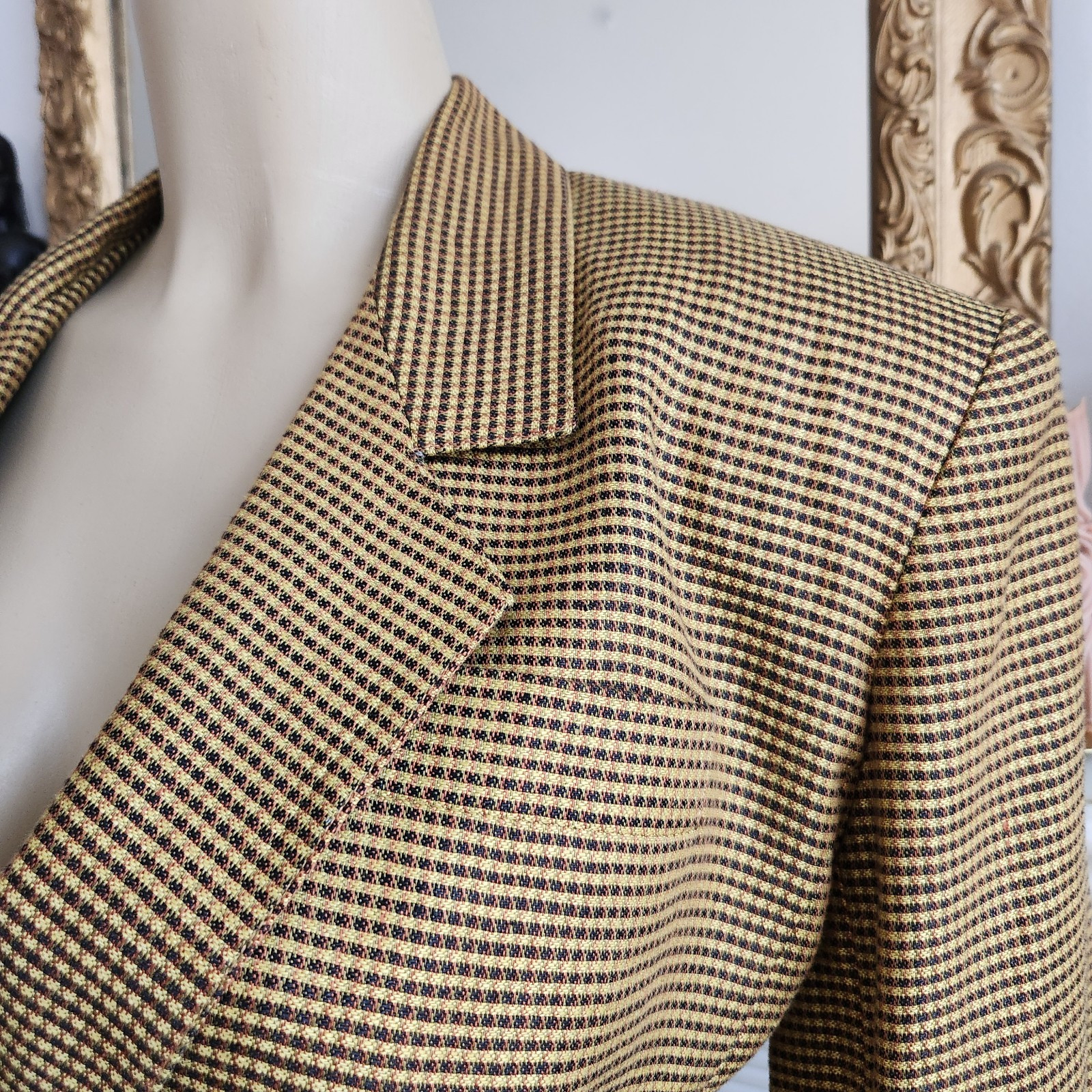 Vintage 80s Yellow Plaid Linen Skirt Suit Black Career Wear to Work Size 6