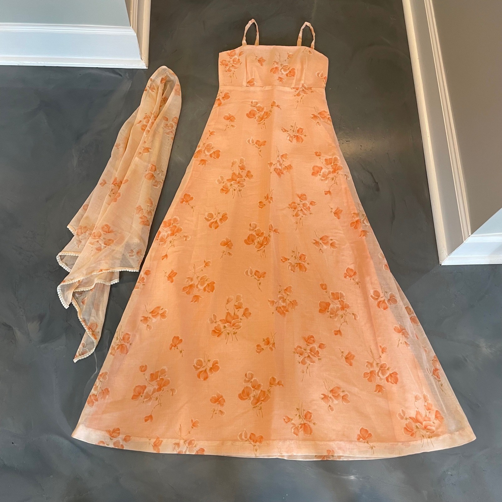 Vintage Peach Floral Cottagecore Maxi Dress S Matching Shawl Orange Gown Fairy