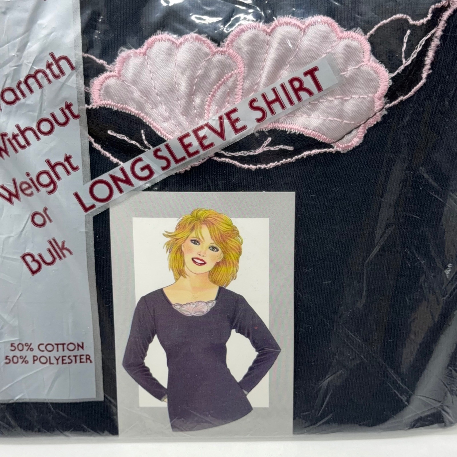 Vintage Sydel Ladies Winter Weight Thermal Shirt Navy Pink Lace Made in USA Med