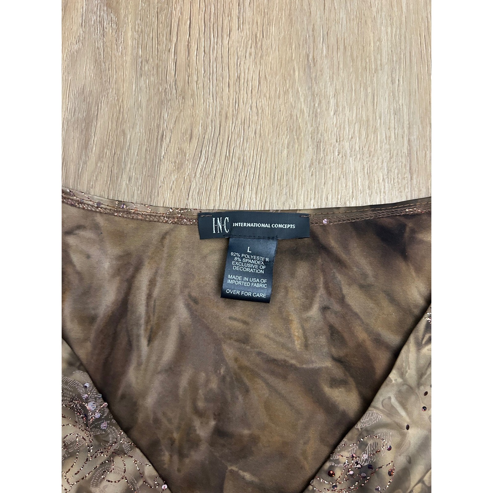 Vtg Brown Abstract Sequin Glitter Paisley V-Neck Empire Blouse L whimsy fairy