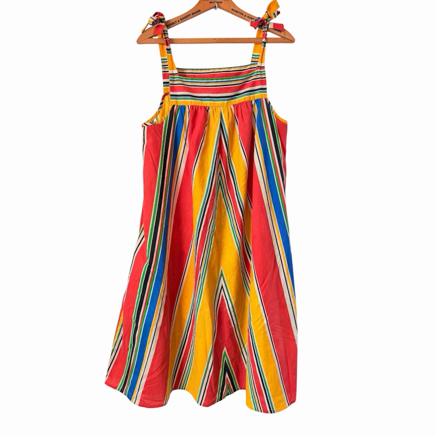 Vintage 70s Rainbow Striped Tie Shoulder Tent Dress Maxi Sundress 20×38