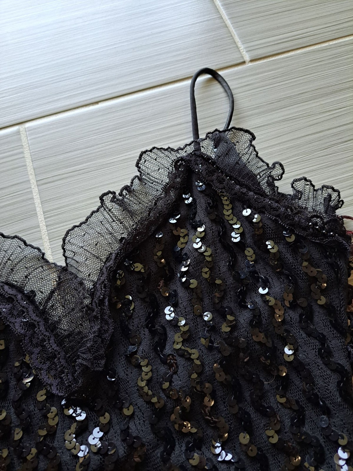 Vintage Karen Okada Climax Black Sequin Tulle Dress Size S 5/6 USA Asymmetrical