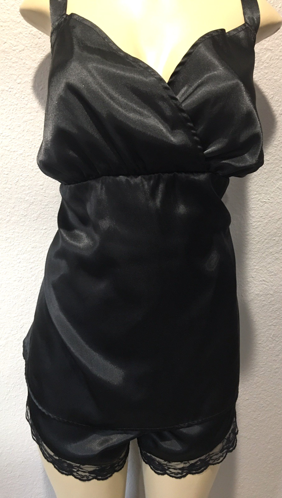 Vtg Black Satin Babydoll Top Lace Plus Lady Panty Short Set 4X