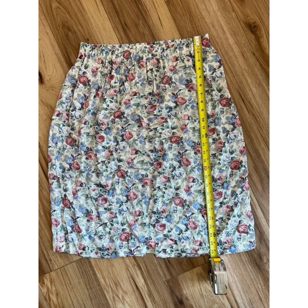 Vtg USA Made Wm 20 Floral Rayon Midi Skirt Rose Elastic Waist Cottage Granny 70s
