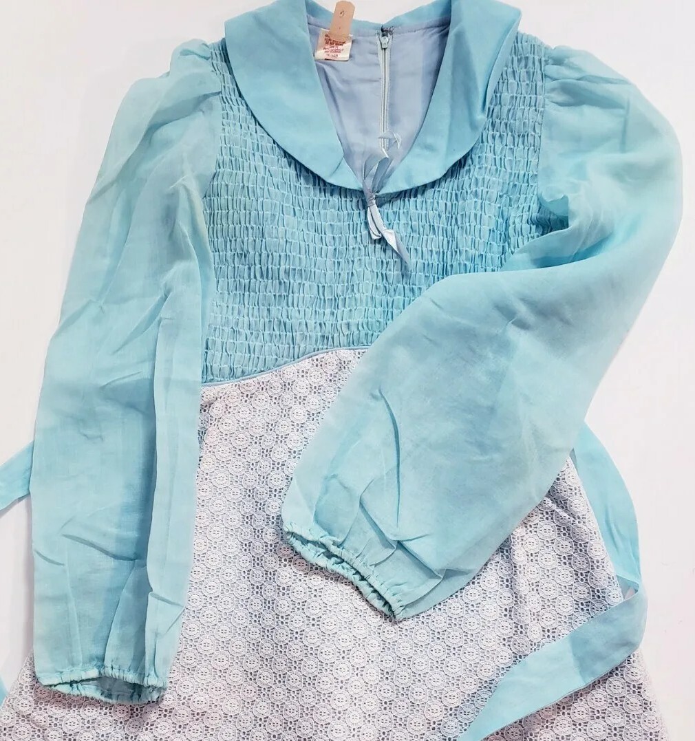 Vtg 70’s Candi Jones California Blue/White Lace Festival Folk Boho Dress Size 13
