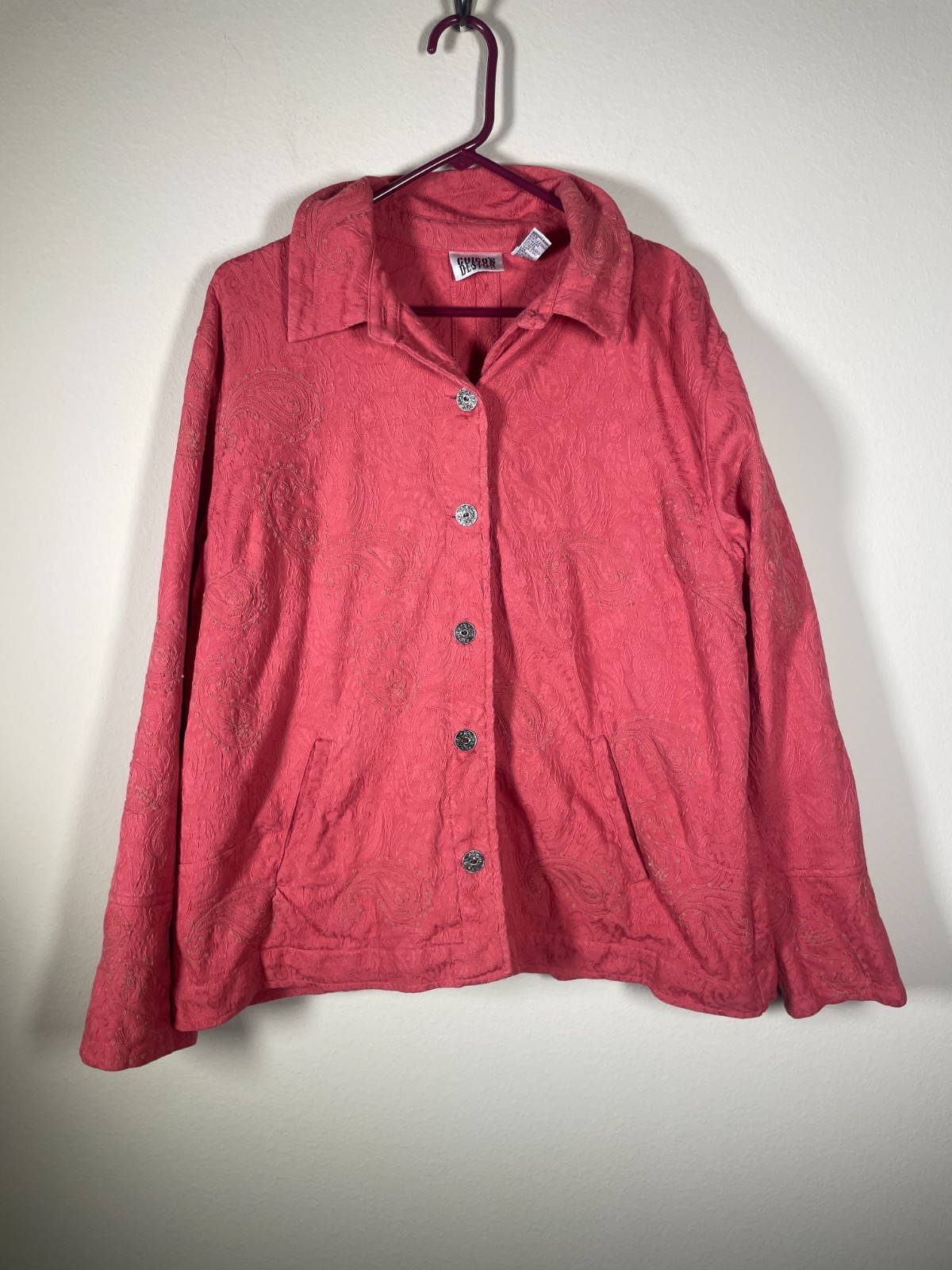 90’s Vintage Chico’s Design Coral Salmon Pink Embroidered Button Jacket 3 (XL)